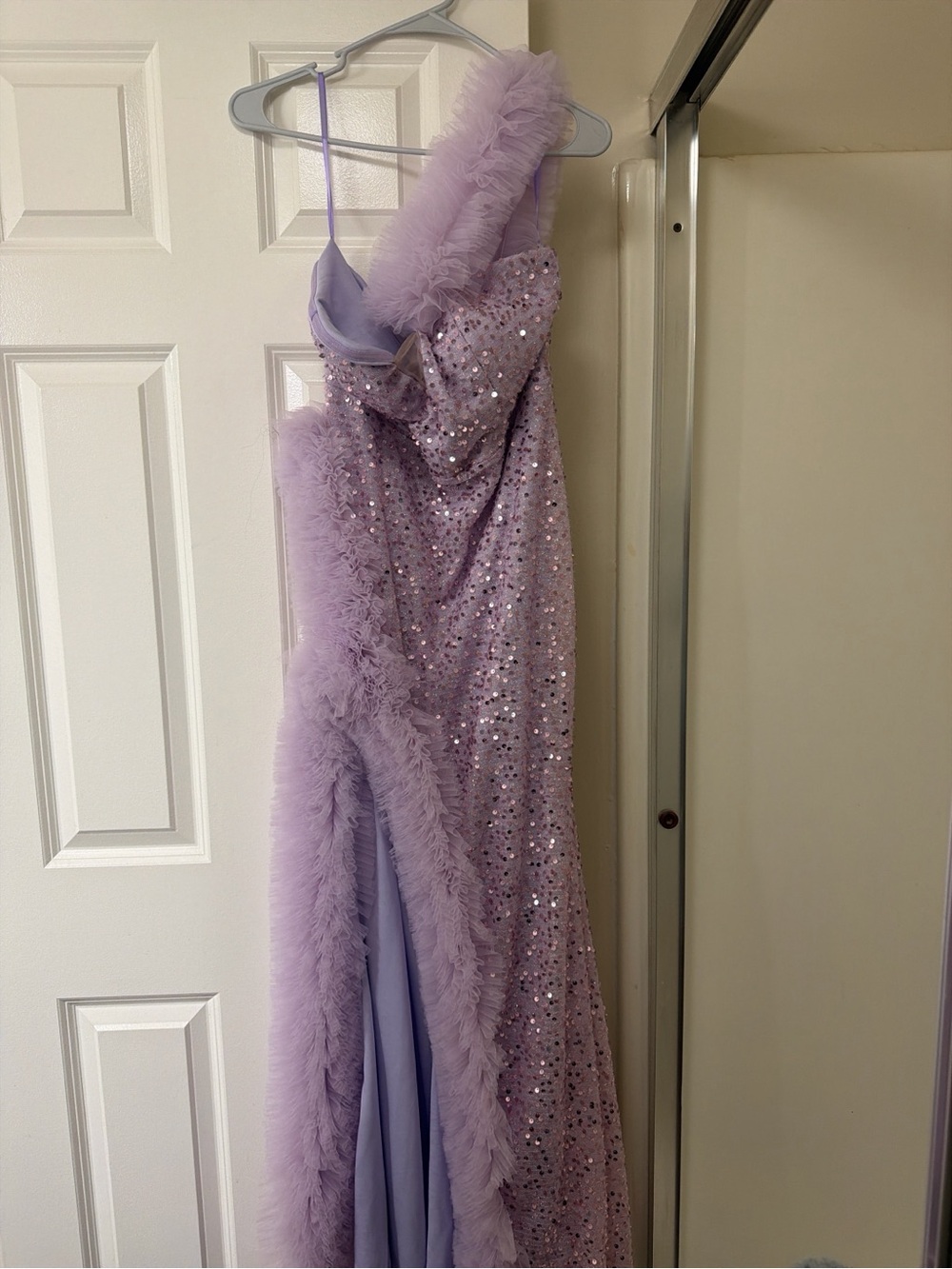 Lavender Sequin Gown with Feather Trim